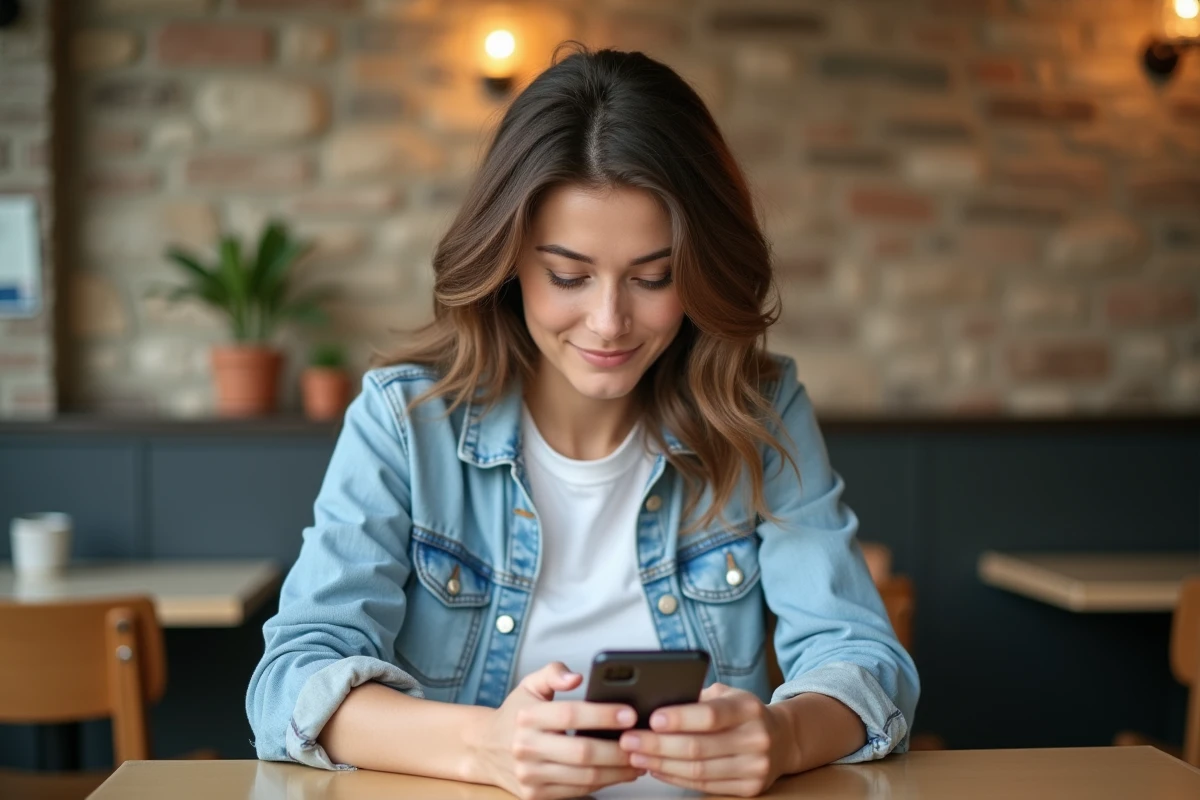 Jeune femme au café utilisant son smartphone pour une conversion photo