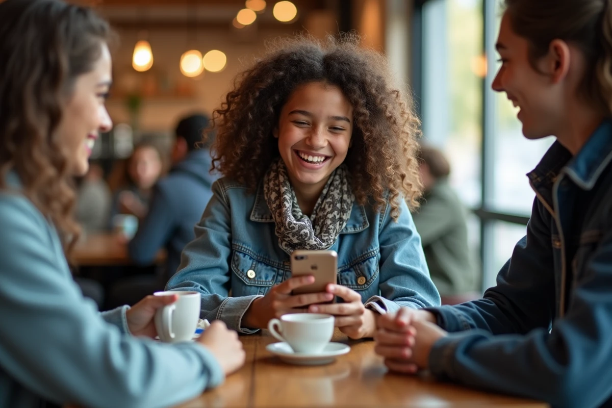 Jeune fille riant en montrant un vieux téléphone à ses amis au café