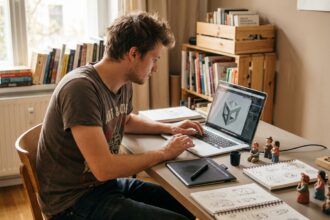 Jeune homme en atelier de modélisation 3D à la maison