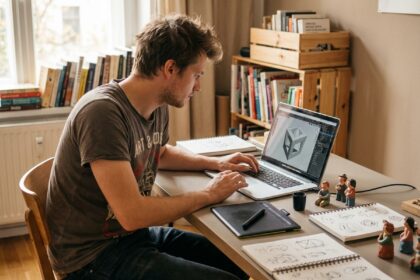 Jeune homme en atelier de modélisation 3D à la maison