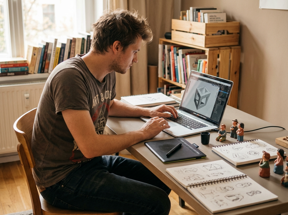 Jeune homme en atelier de modélisation 3D à la maison
