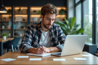 Jeune homme concentré travaillant à son bureau moderne