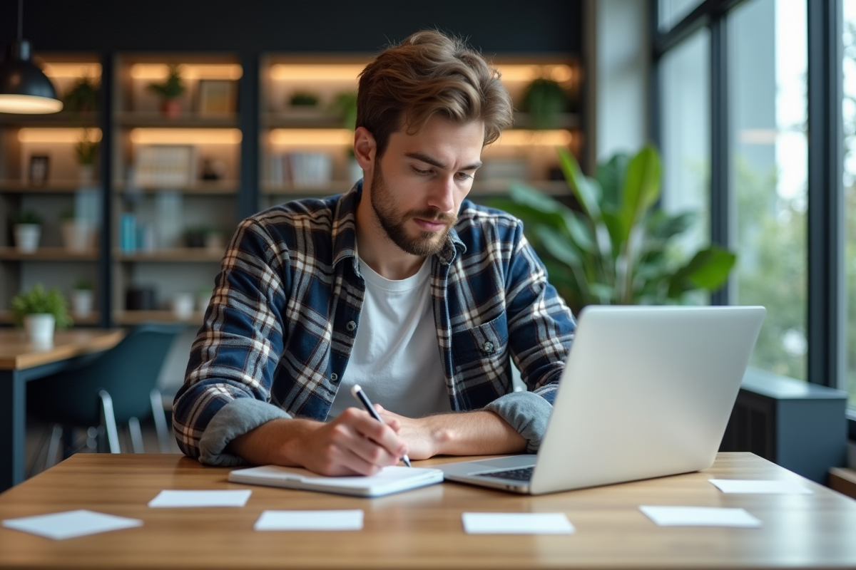 Jeune homme concentré travaillant à son bureau moderne