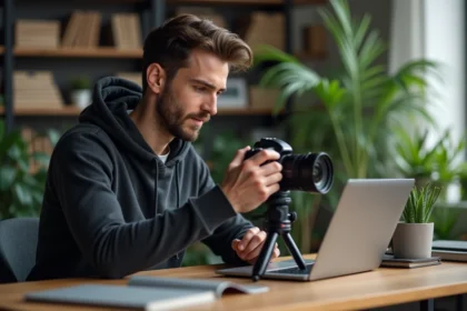 Jeune homme ajustant un appareil photo en intérieur