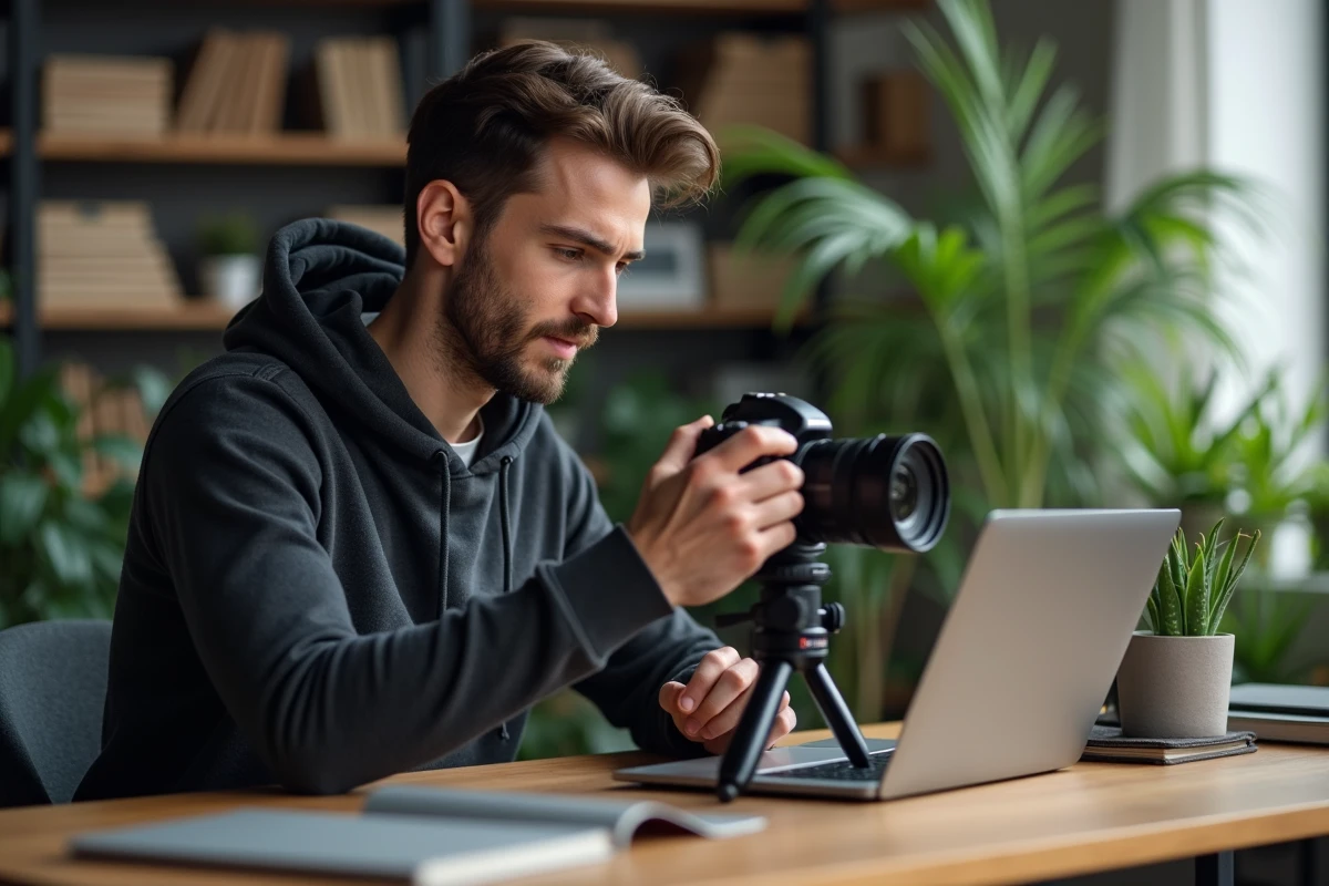 Jeune homme ajustant un appareil photo en intérieur