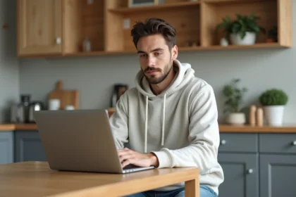 Jeune homme détendu travaillant sur son ordinateur dans une cuisine moderne