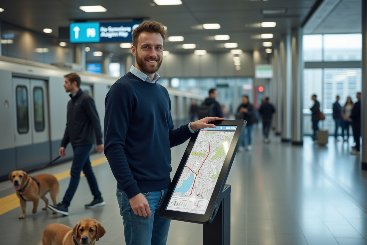 Jeune homme avec chien guide près d