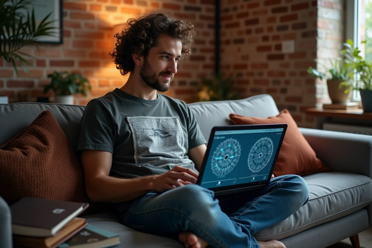 Jeune homme consultant son laptop sur un canapé avec un écran partagé montrant internet et le web