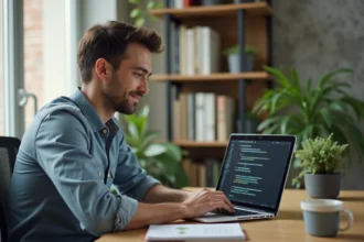 Jeune homme en tenue décontractée travaillant sur un ordinateur portable avec code HTML