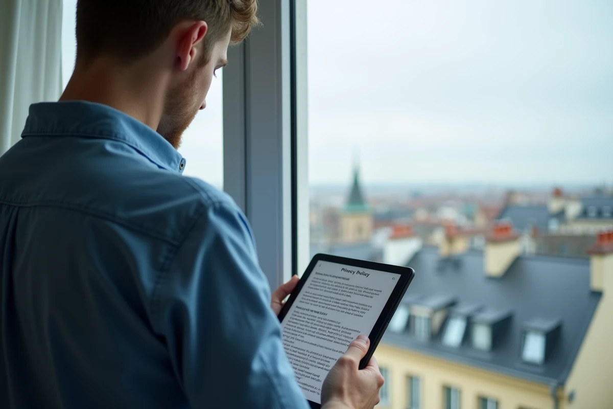Jeune homme regardant la ville de Nantes sur une tablette