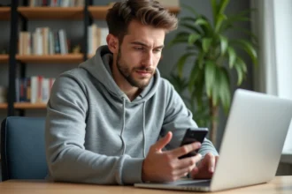 Jeune homme avec smartphone et ordinateur dans un bureau moderne