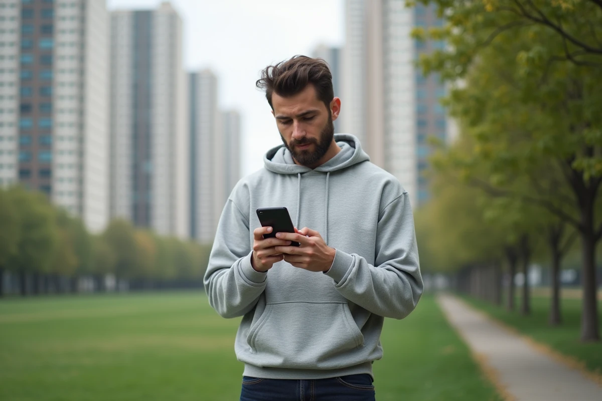 Jeune homme utilise smartphone dans parc urbain