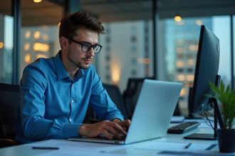 Jeune homme en informatique examine des messages d'erreur sur son ordinateur