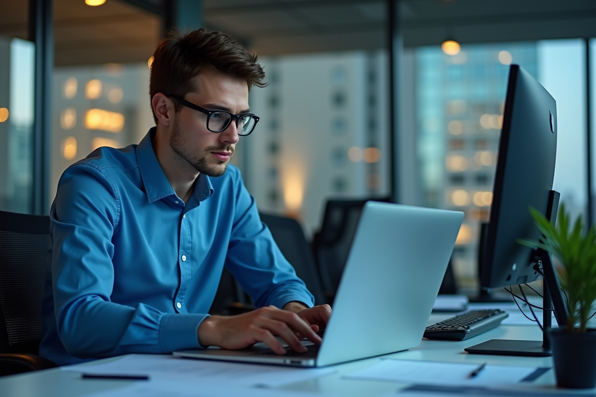 Jeune homme en informatique examine des messages d'erreur sur son ordinateur