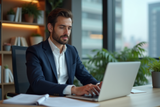 Jeune homme professionnel travaillant sur son ordinateur en bureau