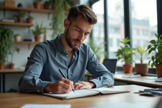 Jeune homme professionnel en bureau lumineux et moderne