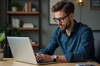 Jeune homme professionnel utilisant un ordinateur au bureau