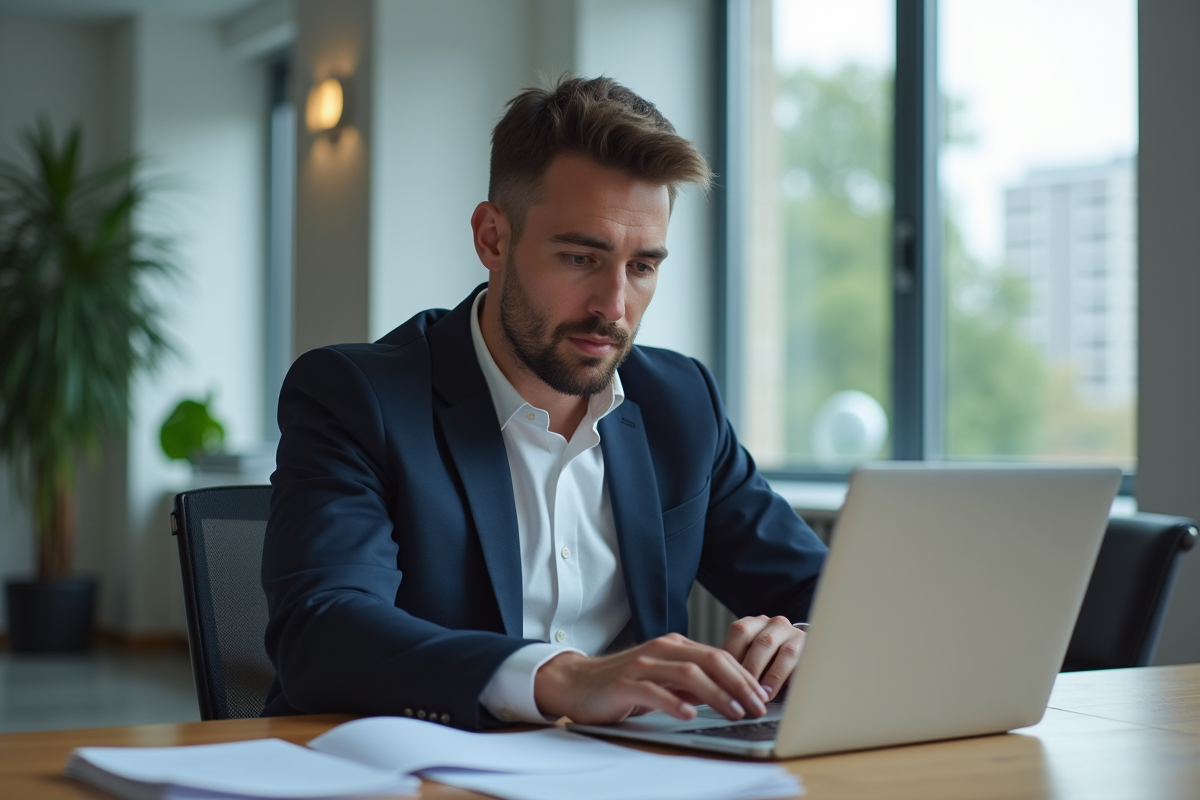 Jeune homme professionnel analysant son ordinateur dans un bureau moderne
