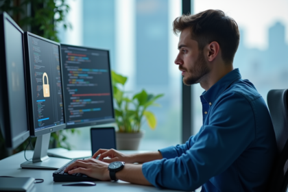 Jeune homme en informatique travaillant sur code et securite