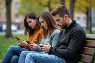 Trois jeunes adultes sur un banc dans un parc urbain