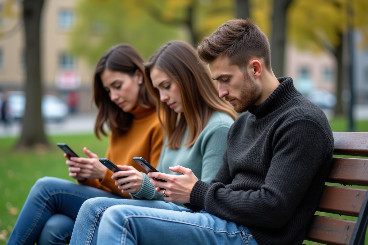 Trois jeunes adultes sur un banc dans un parc urbain