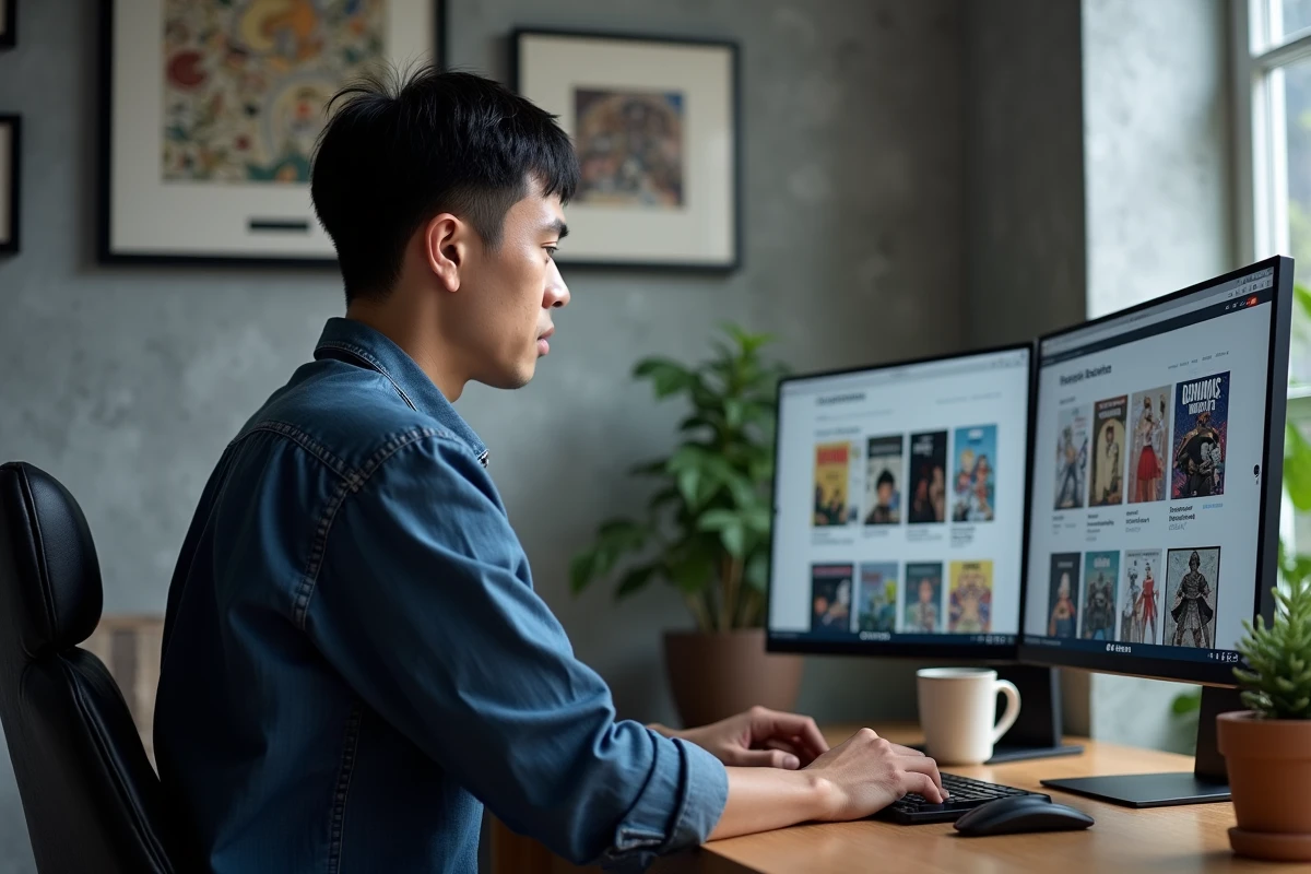 Homme en chemise navy comparant deux applications de lecture de scan manga sur deux écrans dans un bureau moderne