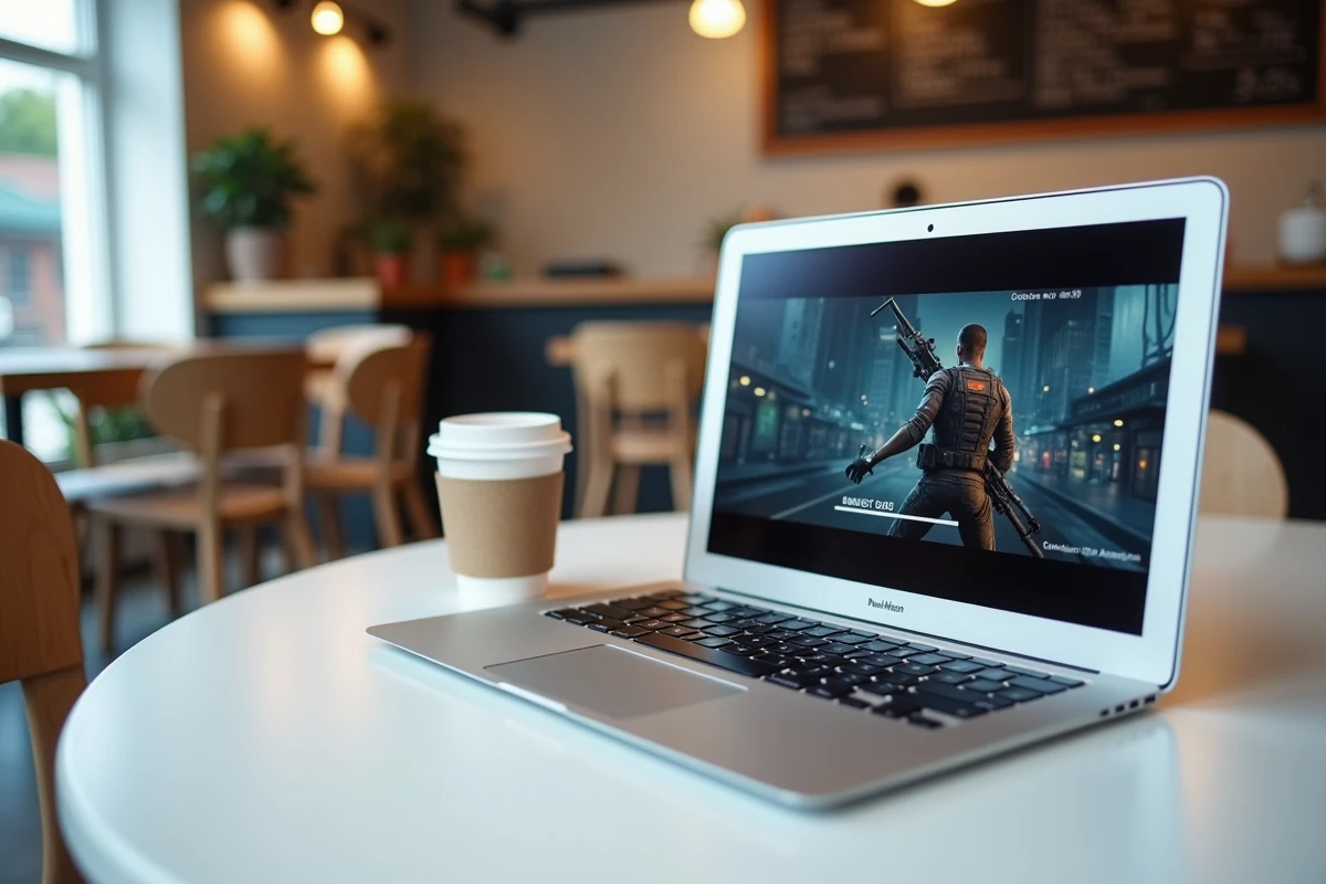 MacBook Air M1 ouvert sur une table de café moderne avec un jeu vidéo affiché à l'écran et un café à emporter à côté