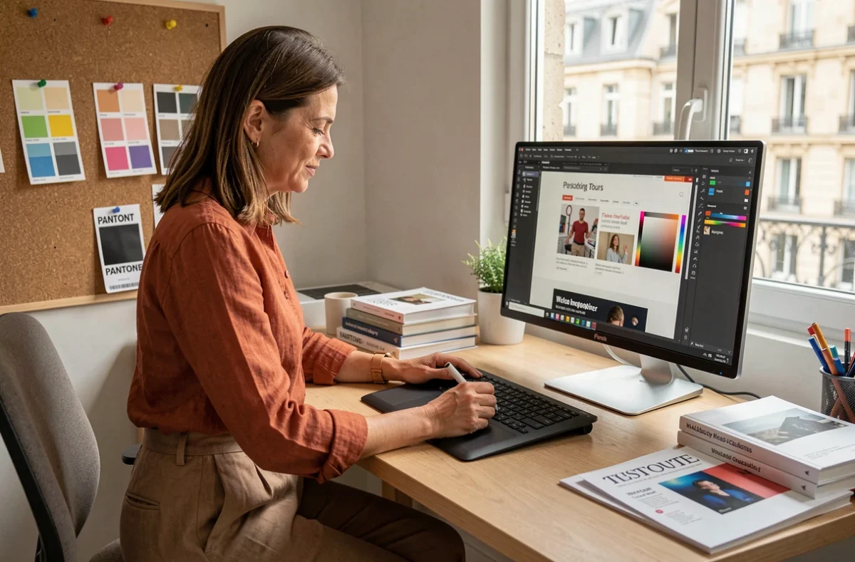 Graphiste et intégratrice web freelance travaillant sur un mockup de site web à son bureau à Tours