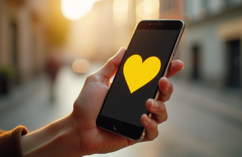 Main tenant un smartphone avec emoji cœur jaune