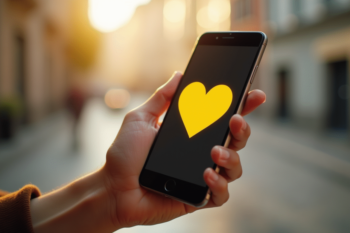 Main tenant un smartphone avec emoji cœur jaune