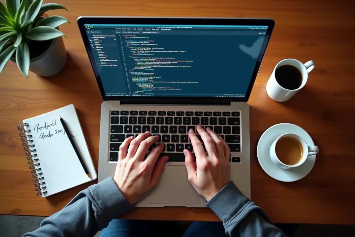 Mains d'un développeur tapant du code CSS de centrage avec positionnement absolu sur un laptop dans un café