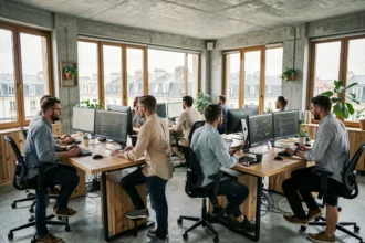 Vue d'ensemble d'un bureau de développement logiciel moderne en Nouvelle-Aquitaine avec une équipe collaborative