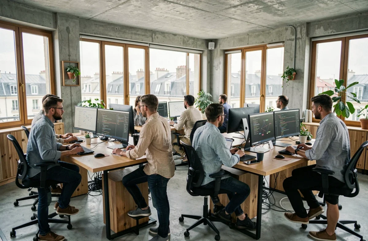 Vue d'ensemble d'un bureau de développement logiciel moderne en Nouvelle-Aquitaine avec une équipe collaborative