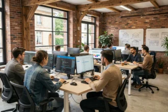 Espace de coworking moderne en Centre-Val de Loire avec des développeurs freelance travaillant sur leurs ordinateurs