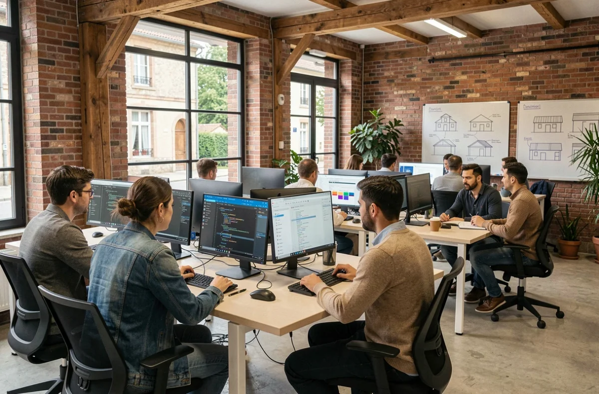 Espace de coworking moderne en Centre-Val de Loire avec des développeurs freelance travaillant sur leurs ordinateurs