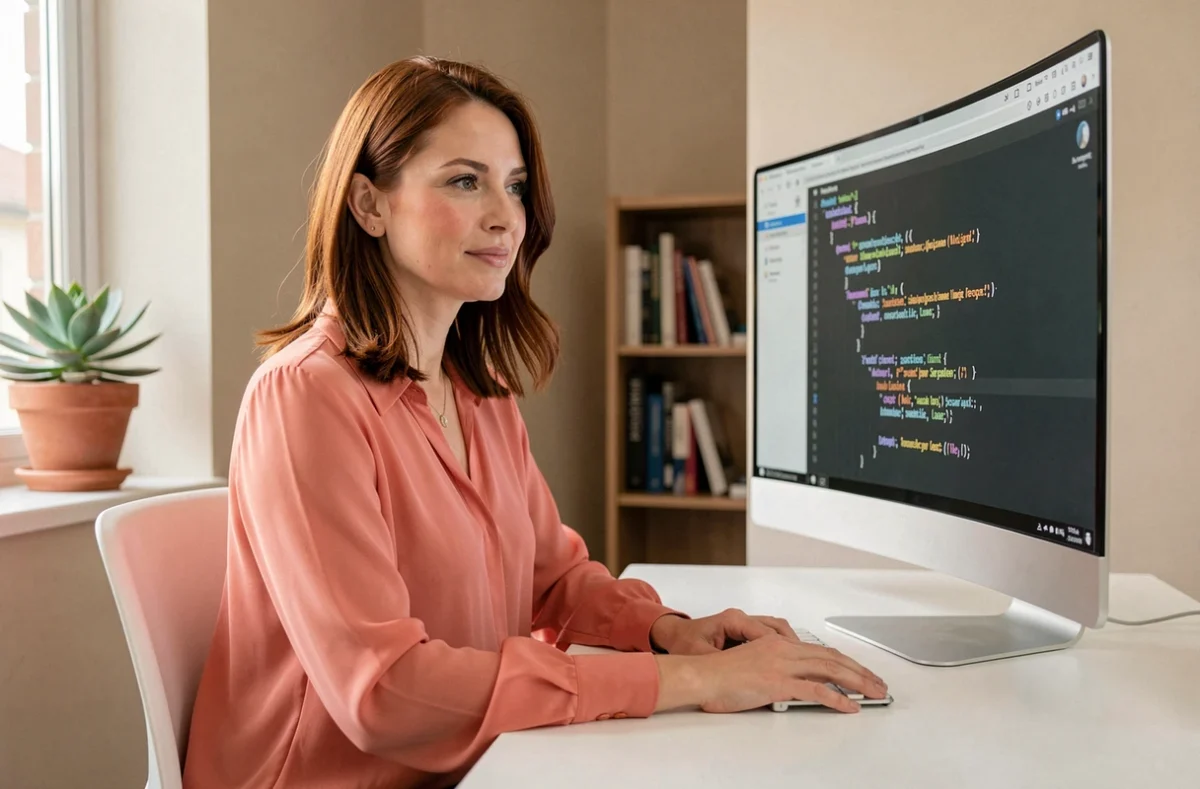 Développeuse chez Mink concentrée sur son code dans un bureau épuré