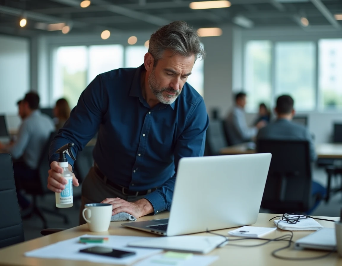 Homme s'apprêtant à nettoyer un écran de laptop avec un spray de nettoyage adapté dans un bureau moderne