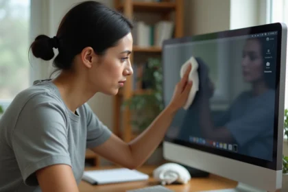 Femme essuyant un écran d'ordinateur de bureau avec un chiffon microfibre blanc dans un bureau à domicile