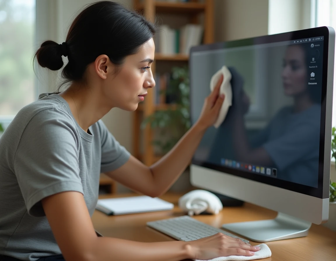 Femme essuyant un écran d'ordinateur de bureau avec un chiffon microfibre blanc dans un bureau à domicile