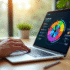 Ordinateur portable moderne sur un bureau lumineux avec roue colorée