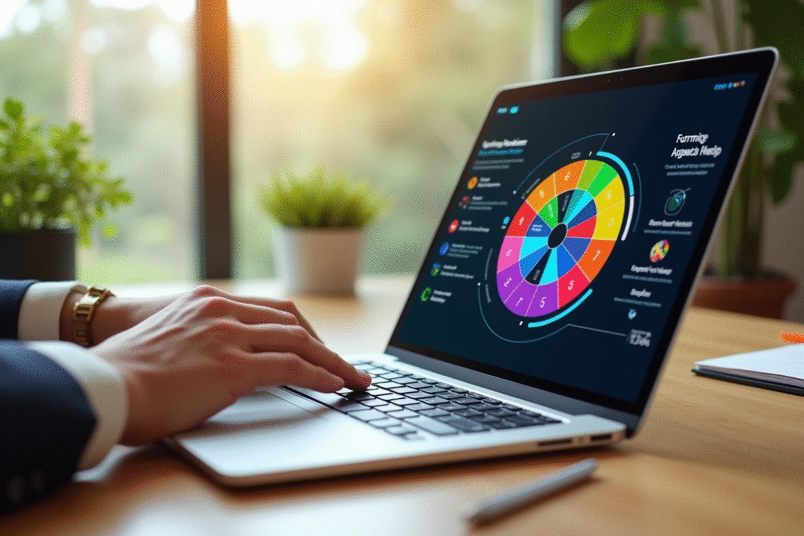 Ordinateur portable moderne sur un bureau lumineux avec roue colorée