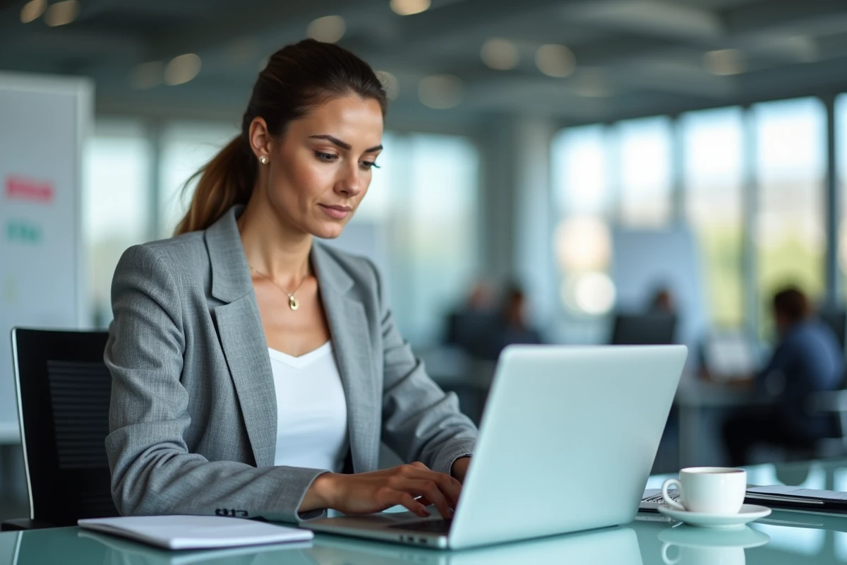 Femme professionnelle paramétrant un compte mail Espace Orange sur un ordinateur portable dans un bureau en open space