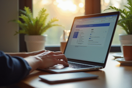 Main tapant sur un ordinateur portable dans un bureau moderne