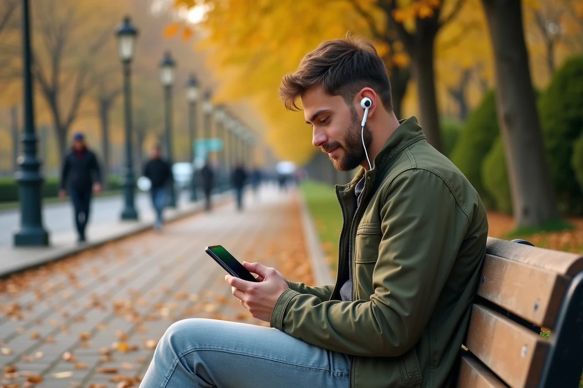 Personne dans un parc urbain écoutant une réponse vocale générée par ChatGPT via WhatsApp avec des écouteurs