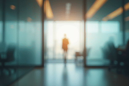 Porte en verre givré avec logo flou et silhouette derrière