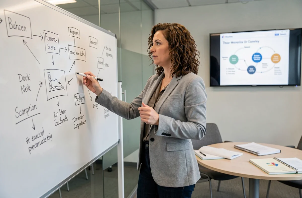 Femme présentant un concept technologique simplifié à son équipe sur un tableau blanc dans une salle de réunion