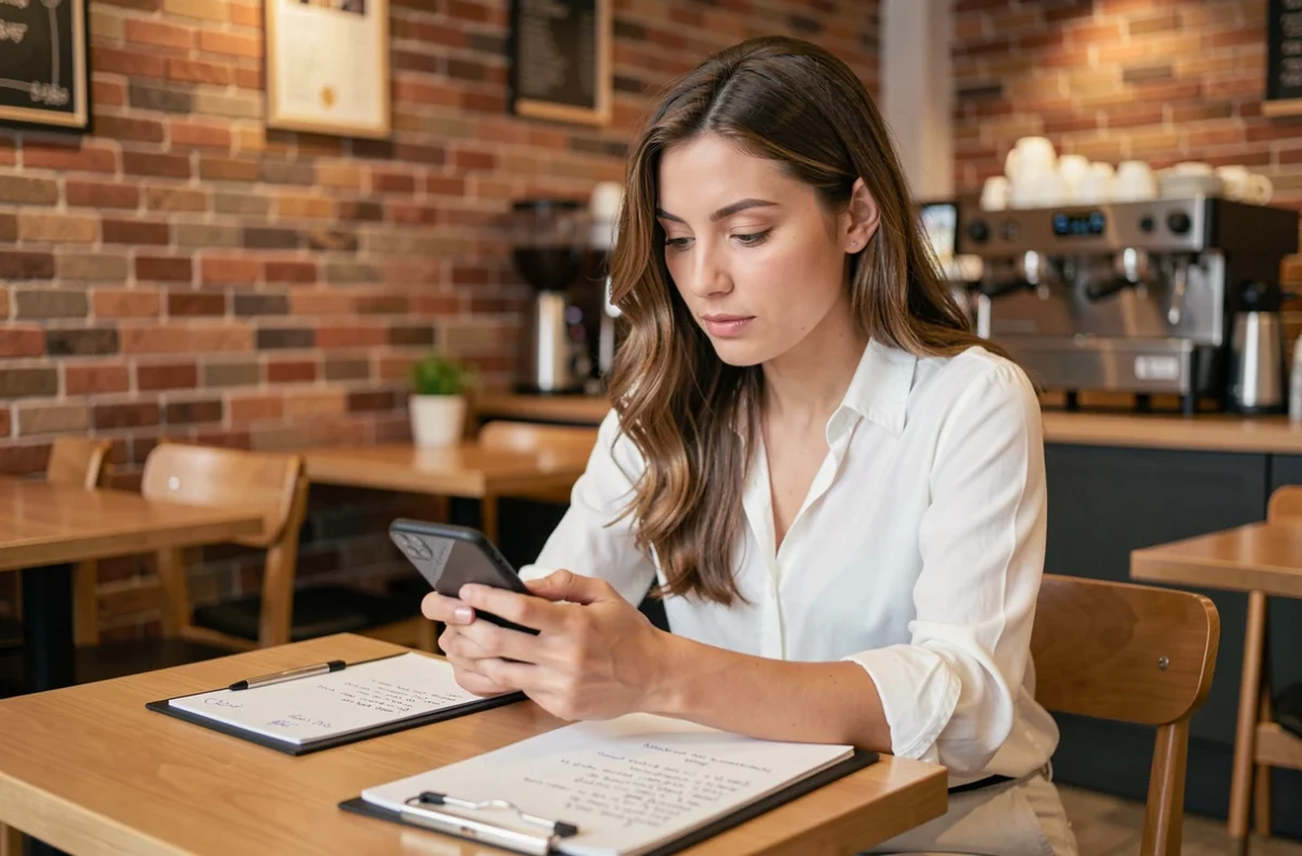 Femme consultant le presse-papier de son téléphone Android dans un café avec des notes manuscrites sur la table