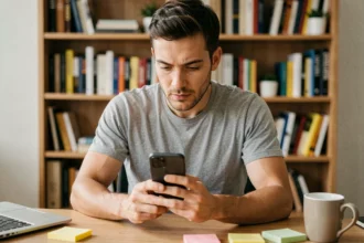 Homme utilisant un smartphone Android pour copier du texte, assis à un bureau de travail à domicile