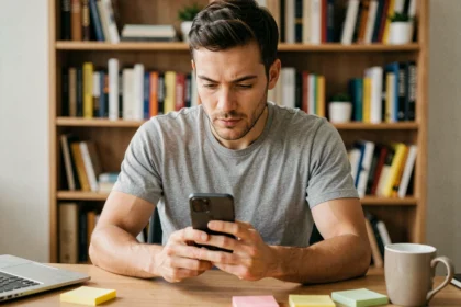 Homme utilisant un smartphone Android pour copier du texte, assis à un bureau de travail à domicile