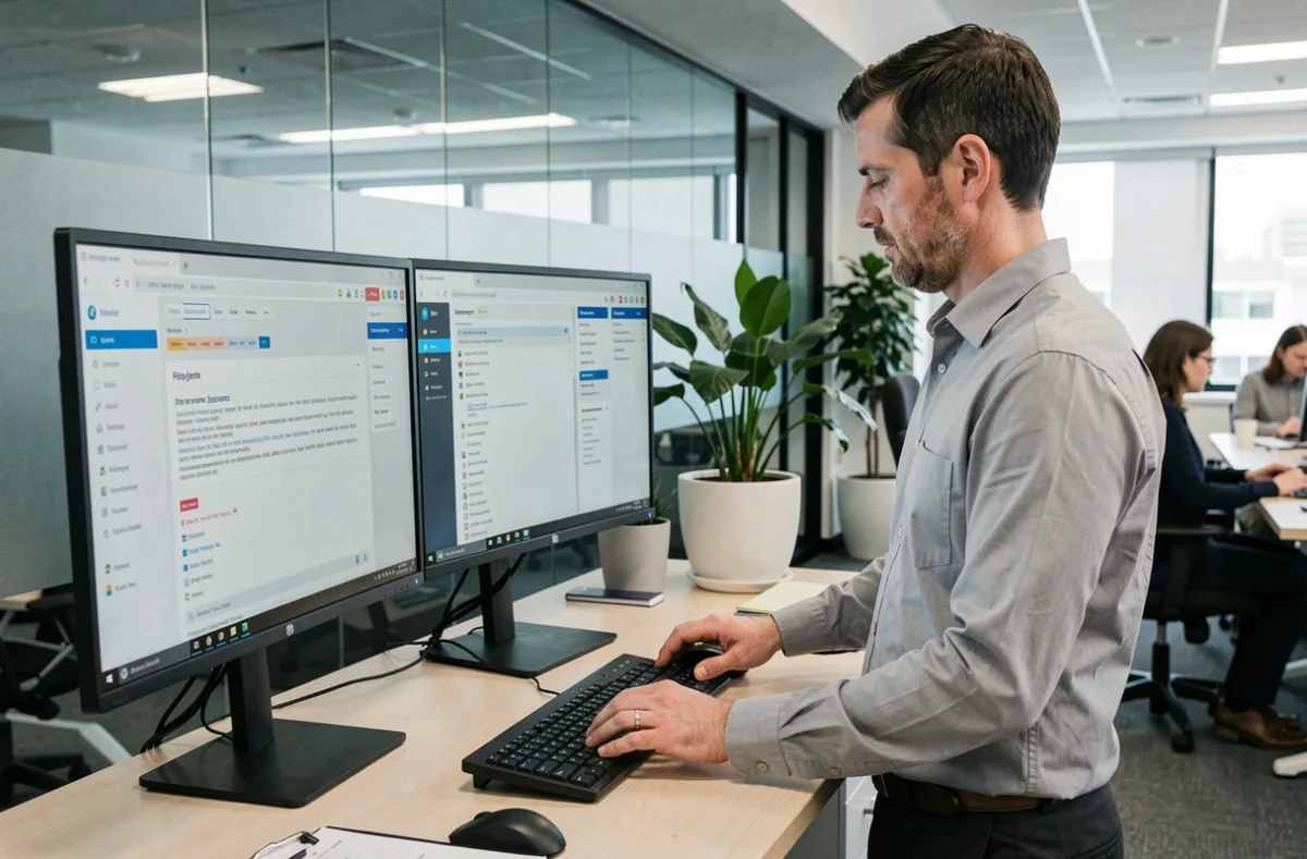 Professeur universitaire gérant ses emails professionnels sur un double écran dans un bureau moderne